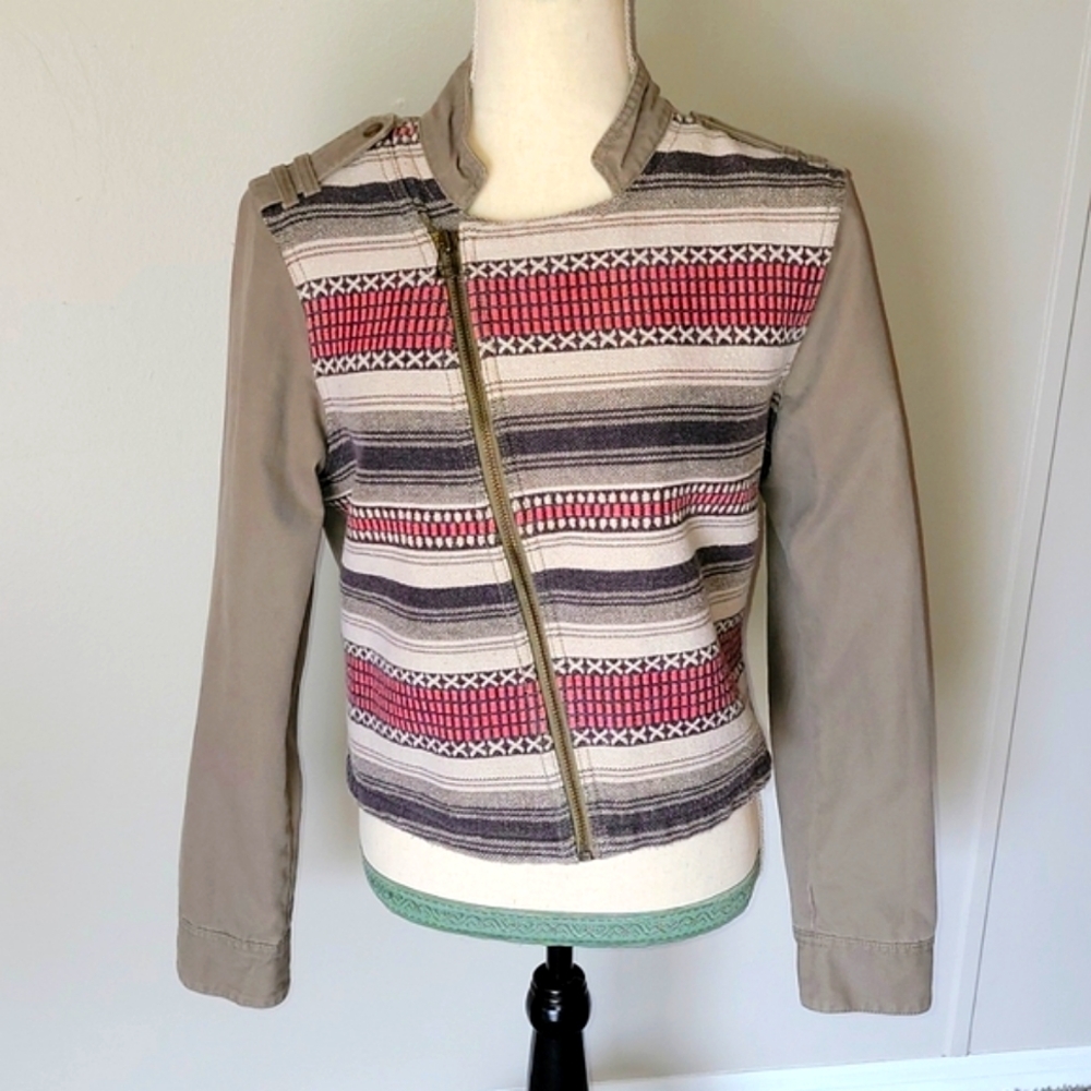 American Eagle Asymmetric Slant Zip Cropped Moto Jacket Sz L Tapestry Aztec Army